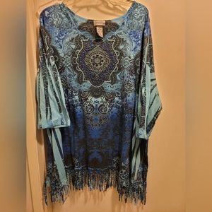 4X (30/32W) blue & turquoise fringed hem. Beautiful beading 3/4 length sleeve